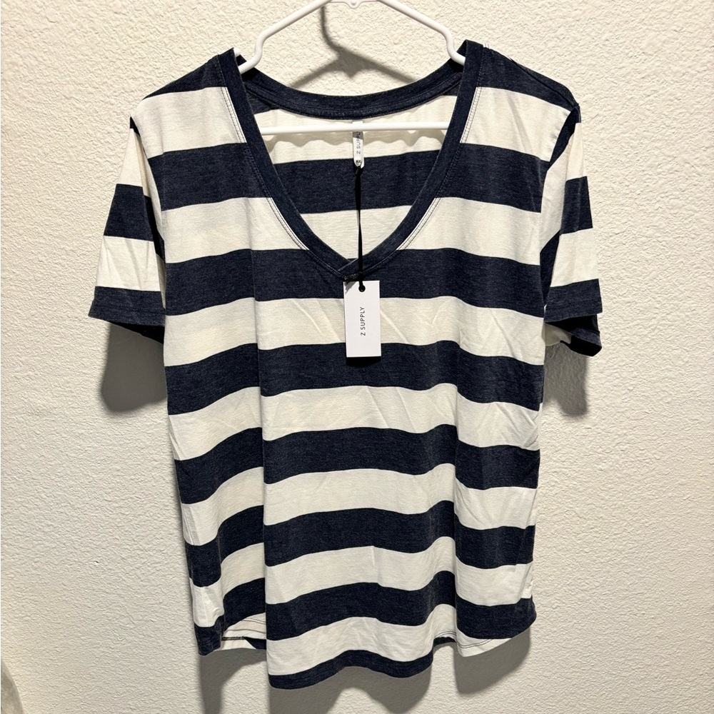 Z Supply Navy and White Striped V-Neck Tee